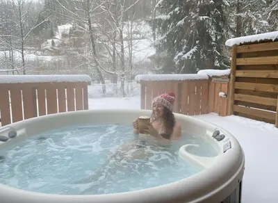 L'établissement LE GRIZZLY Chalet en bois avec SPA Jacuzzi en hiver