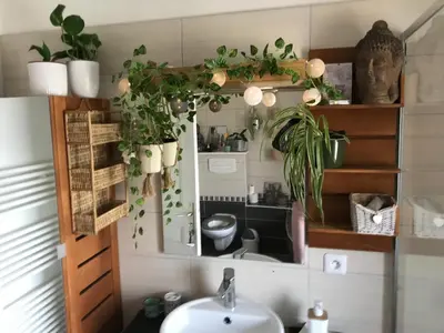 Salle de bains dans l'établissement Côté Rive, au bord de la rivière La Moselotte et terrasse