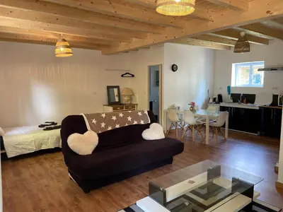 Coin salon dans l'établissement Le Noyer: Petit chalet cosy proche de Mulhouse