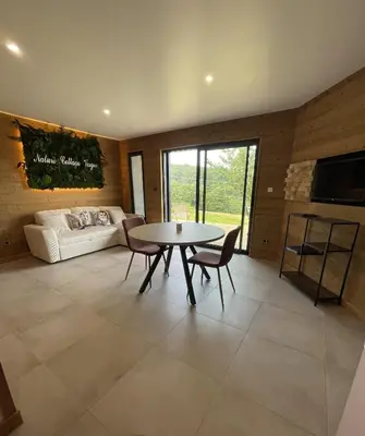 Télévision ou salle de divertissement dans l'établissement Domaine Nature Cottage Vosges Spa