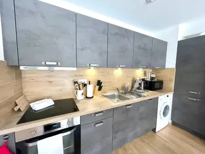 Cuisine ou kitchenette dans l'établissement Magnifique 2 pièces, tout équipé, terrasse privée