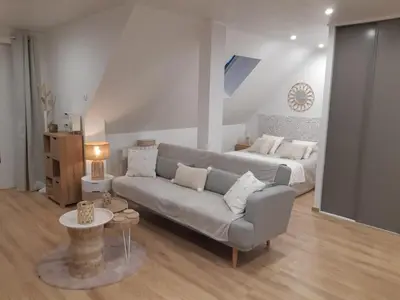 Coin salon dans l'établissement Studio cosy spacieux lumineux avec coin terrasse