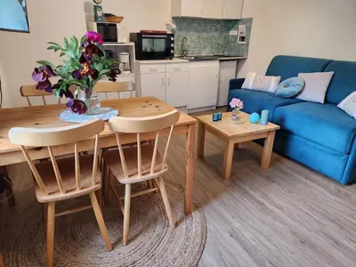 Cuisine ou kitchenette dans l'établissement Gite Bruyère, 2 à 5 personnes avec salle de jeux et SPA dans la résidence