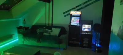 Télévision ou salle de divertissement dans l'établissement Le Trésor des Vosges Appartement spacieux et lumineux 80m2 - jeux arcades - idéal famille 4 à 6 personnes
