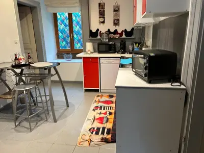 Cuisine ou kitchenette dans l'établissement Les volets bleus