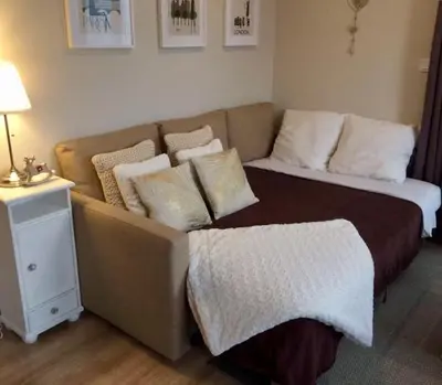Un ou plusieurs lits dans un hébergement de l'établissement Rosebury Cottage 1 bedroom Free Street parking-5min from Colmar