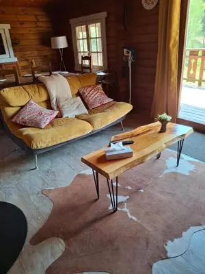 Coin salon dans l'établissement Agréable chalet cocooning en lisière de forêt